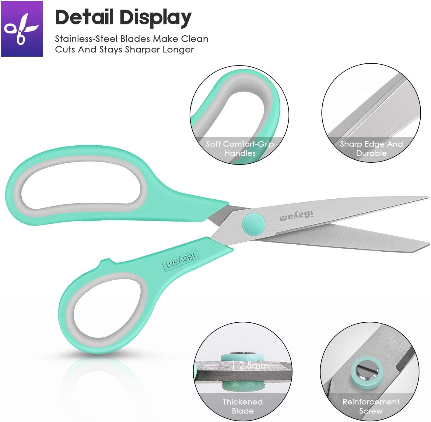 Household Scissors – 3-Pack, 8-Inch Soft-Grip, Multi-Purpose