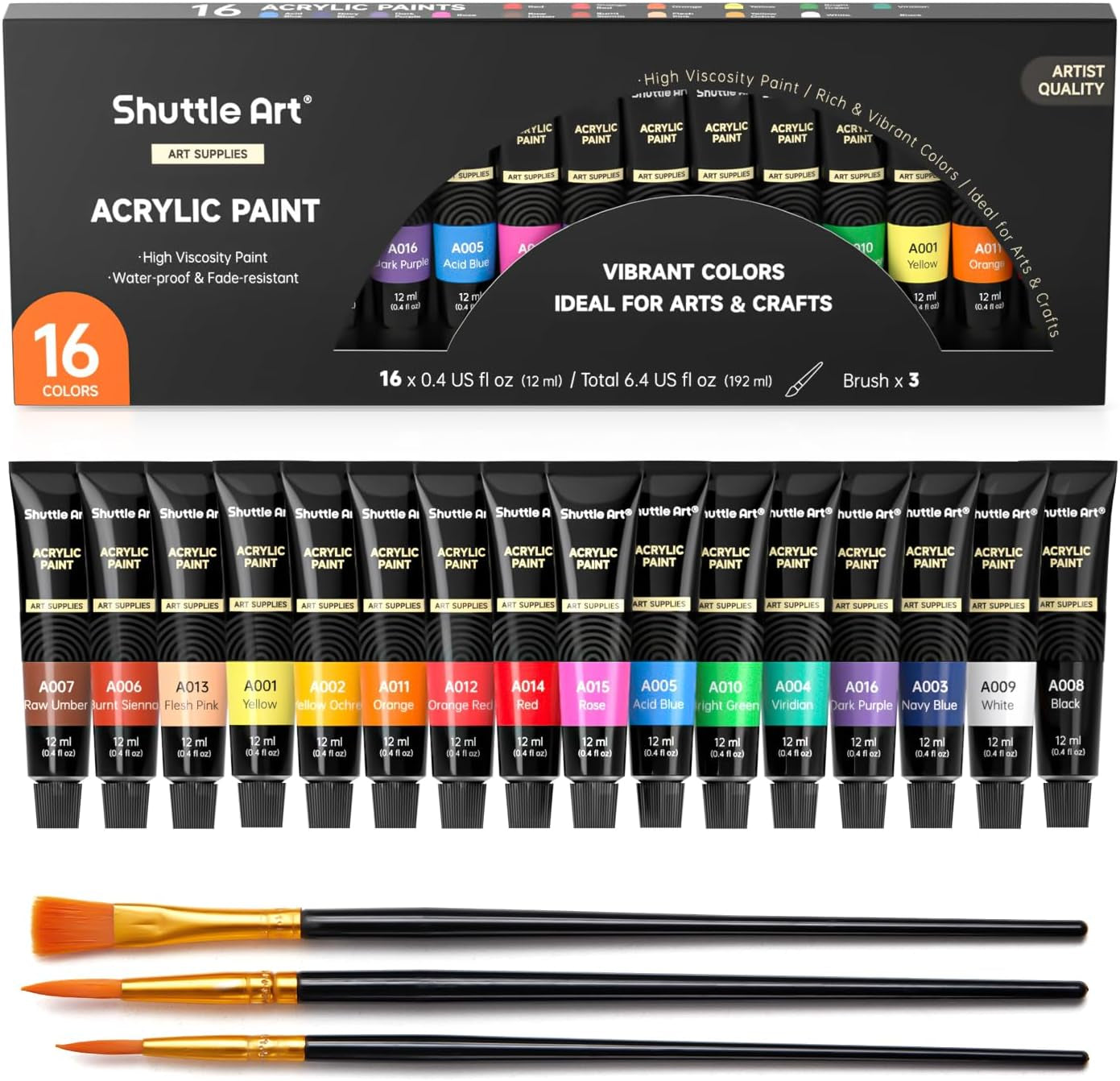Shuttle Art 16-Piece Acrylic Paint Set + Bonus Brushes
