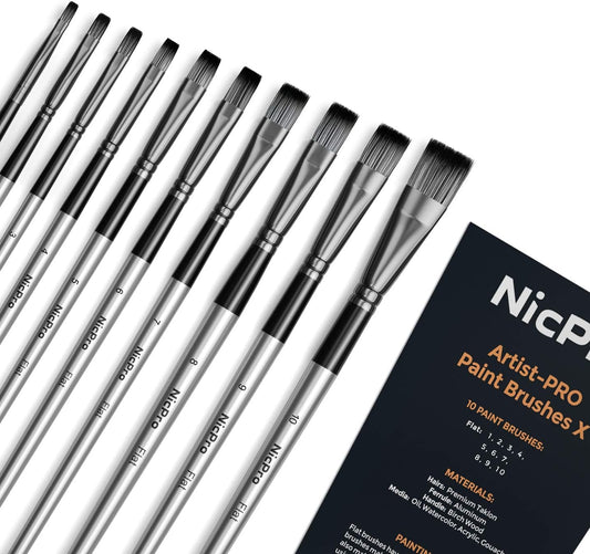 Nicpro 10 PCS Flat Paint Brush Set Art Painting Brushes for Acrylic Watercolour Oil Gouache, Craft Detail Face Body Painting Artist Kit for Kid & Adult