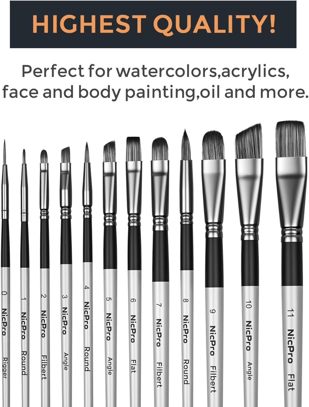Nicpro 12 PCS Artist Paint Brush Set, Craft Paint Brushes for Acrylic Painting, Oil, Watercolour, Gouache, Tempera, Face, Body, Fabric, Leather, Model, Art Supplies Paintbrushes for Artists Beginners