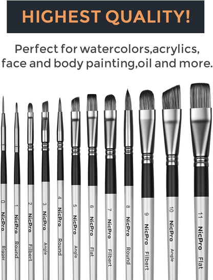 Nicpro 12 PCS Artist Paint Brush Set, Craft Paint Brushes for Acrylic Painting, Oil, Watercolour, Gouache, Tempera, Face, Body, Fabric, Leather, Model, Art Supplies Paintbrushes for Artists Beginners