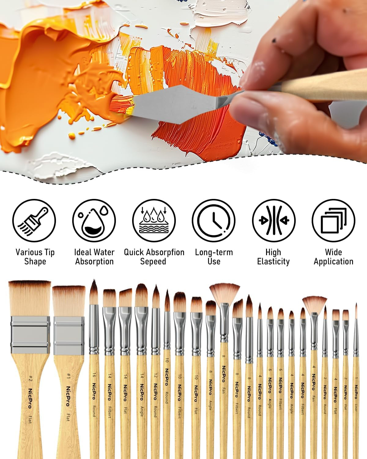 Nicpro 26Pcs Paint Brush Set, Professional Paintbrushes with Cloth Roll, Artist Paint Brushes for Acrylic Painting, Oil, Watercolour, Gouache, Adults Kids Art Painting Tools Supplies