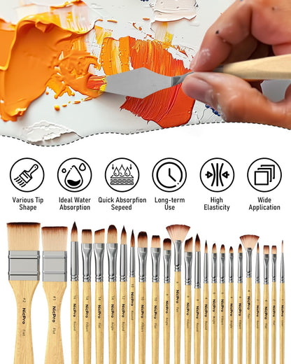 Nicpro 26Pcs Paint Brush Set, Professional Paintbrushes with Cloth Roll, Artist Paint Brushes for Acrylic Painting, Oil, Watercolour, Gouache, Adults Kids Art Painting Tools Supplies