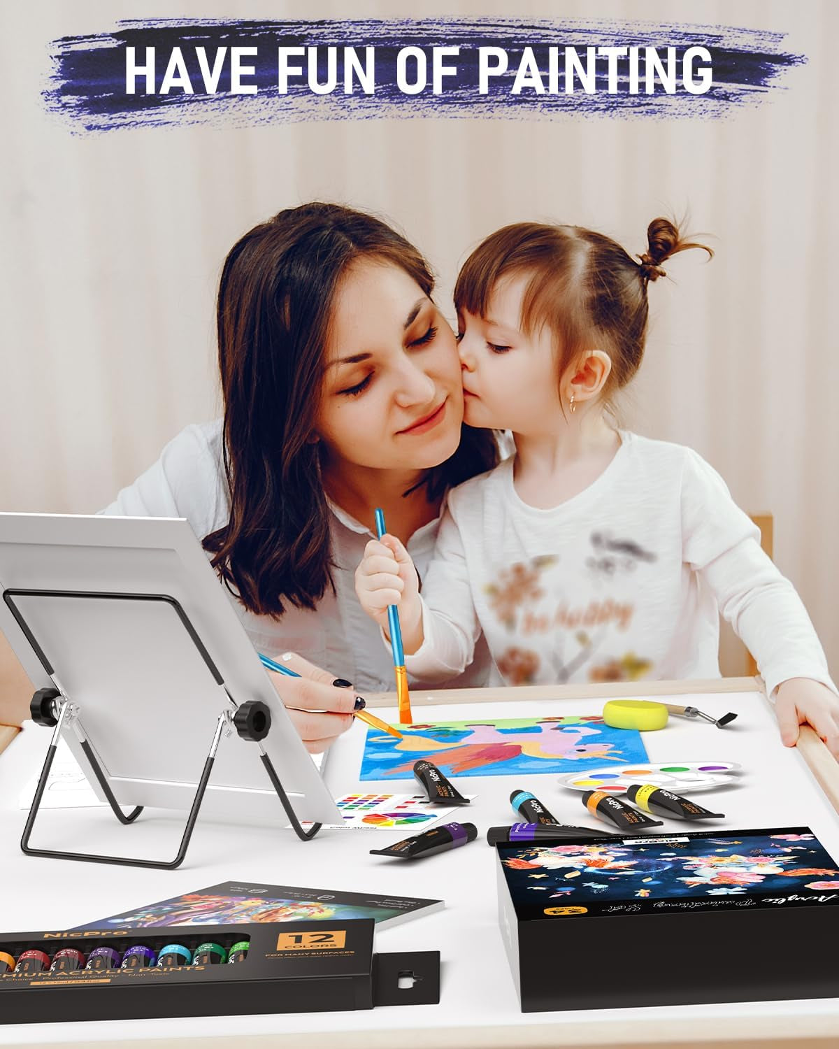 Nicpro 34PCS Kids Painting Set with Pattern Canvas, Art Painting Supplies Kit with 12 Acrylic Paints,10 Brushes,6 Canvas Panels,Table Easel,Paper Pad,Color Wheel,Palette for Beginner Student Toddlers