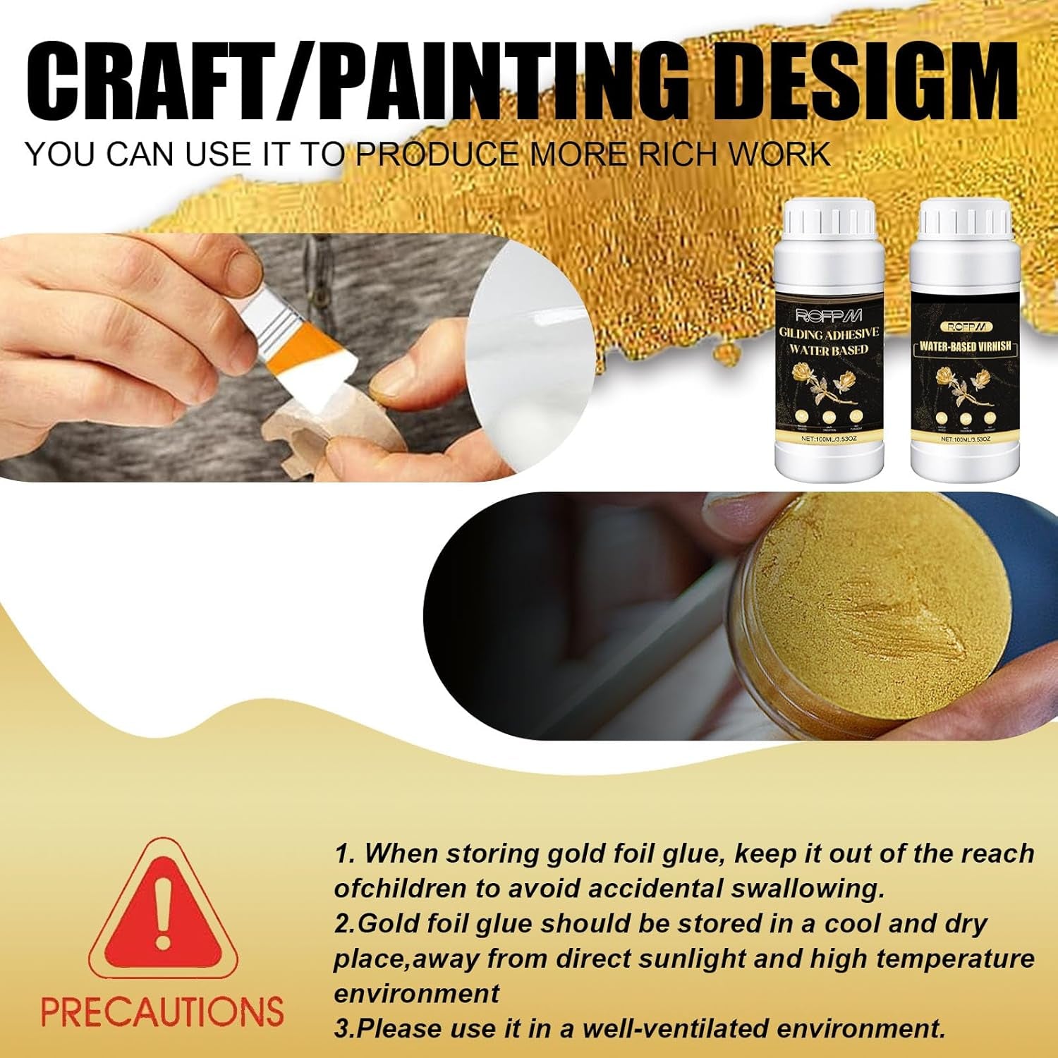 ROFPM Gold Leaf Adhesive Set, Water-Based Gilding Adhesive, 100Ml, 100 Gold Foil Transfer Sheets, 2G Silver Leaf, Craft, Home Decor, Art