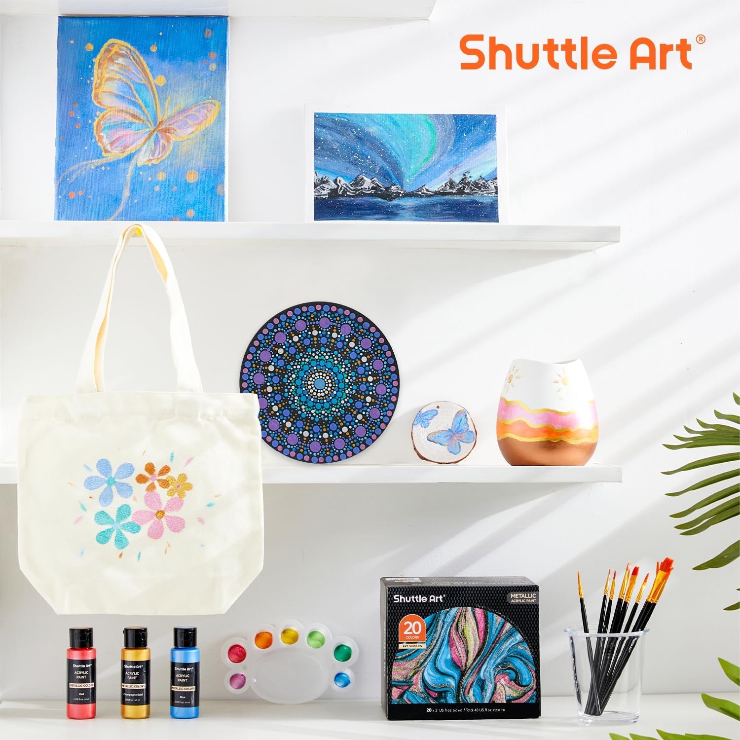 Shuttle Art 20-Colour Metallic Acrylic Paint Set + Brushes & Palette