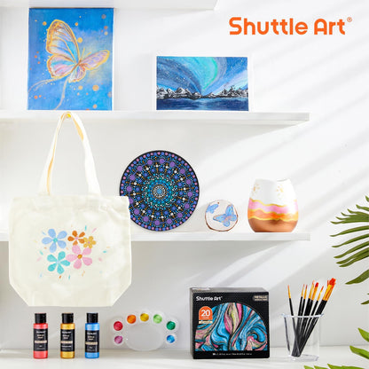 Shuttle Art 20-Colour Metallic Acrylic Paint Set + Brushes & Palette