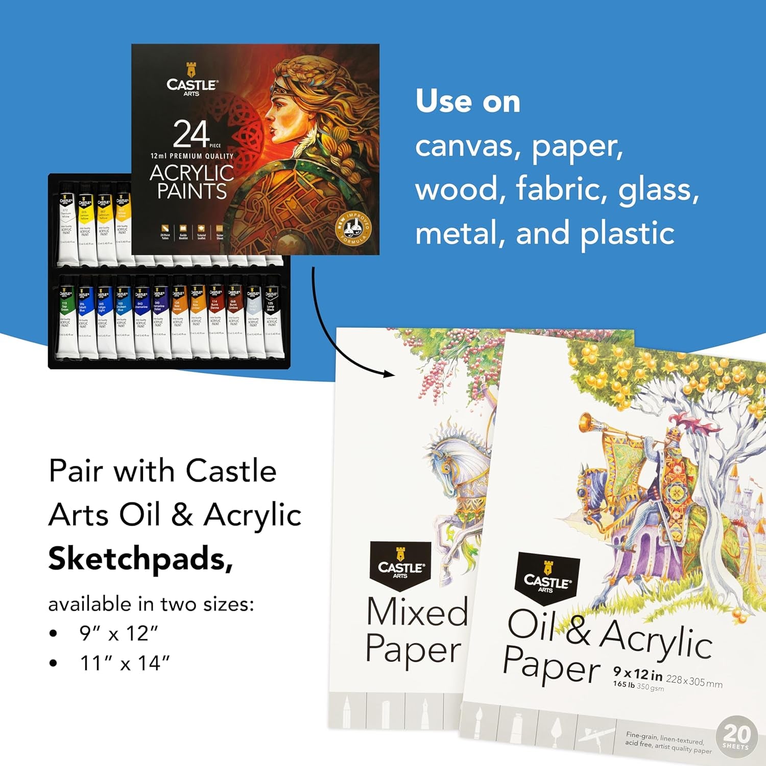 Castle Art Supplies 24 X 12Ml Acrylic Paint Set | Value Beginner Set for Starters or Adult Artists | Premium Quality Intense Colours | Smooth to Use on Range of Surfaces (New Improved Formula)