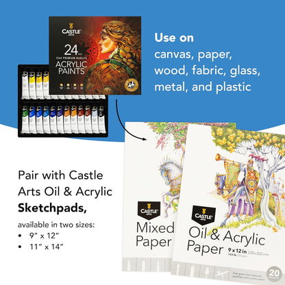 Castle Art Supplies 24 X 12Ml Acrylic Paint Set | Value Beginner Set for Starters or Adult Artists | Premium Quality Intense Colours | Smooth to Use on Range of Surfaces (New Improved Formula)