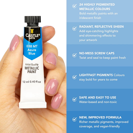 Castle Art Supplies Metallic Acrylic Paints Set | New Improved Formula | 24 X 12Ml Tubes for Adult Artists, Beginners and Crafters to Add Shimmering Quality (New Improved Formula)