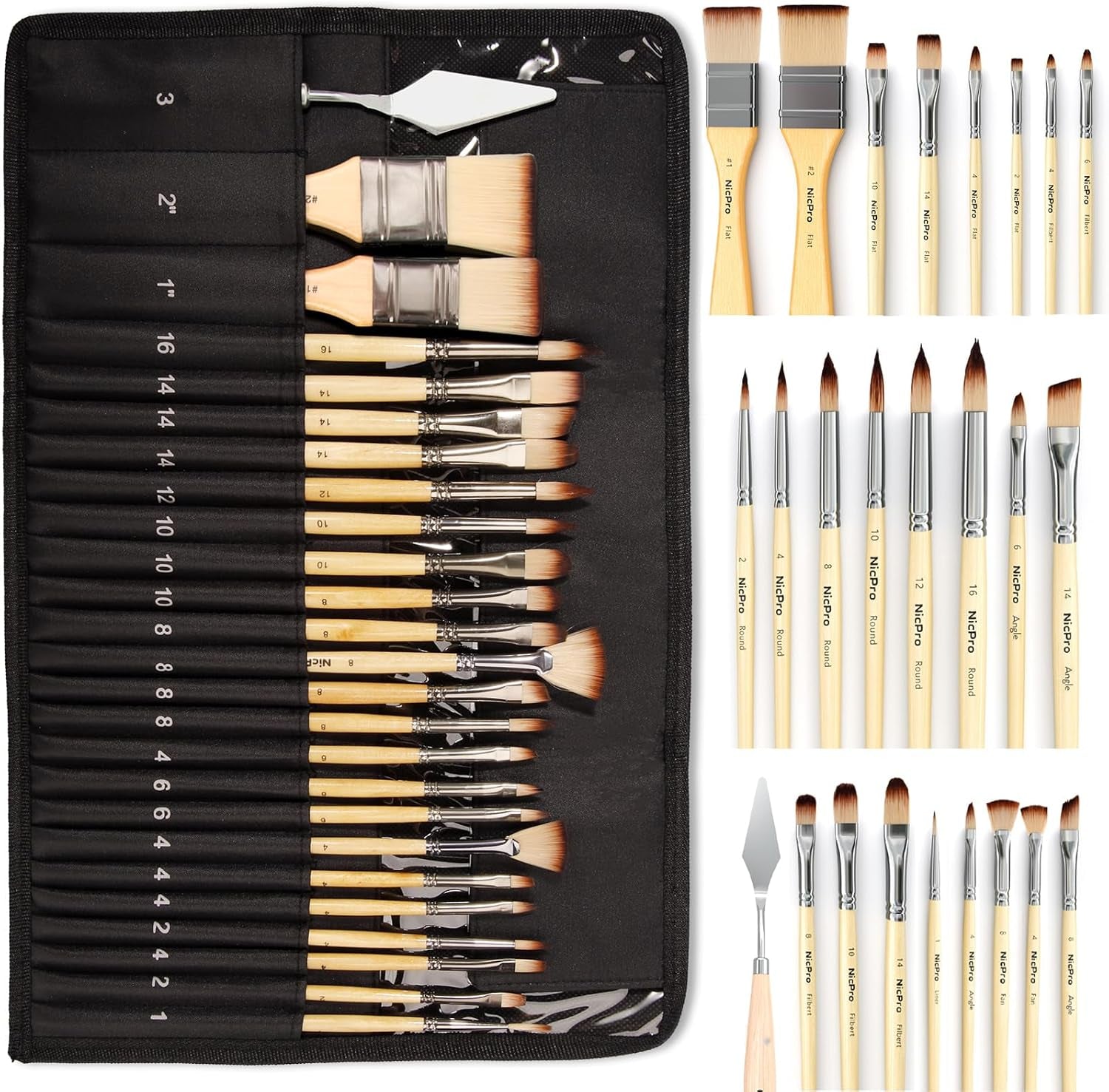 Nicpro 26Pcs Paint Brush Set, Professional Paintbrushes with Cloth Roll, Artist Paint Brushes for Acrylic Painting, Oil, Watercolour, Gouache, Adults Kids Art Painting Tools Supplies