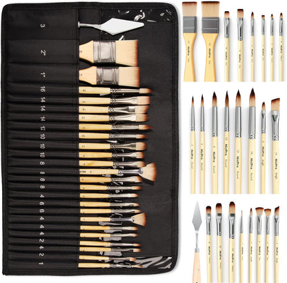 Nicpro 26Pcs Paint Brush Set, Professional Paintbrushes with Cloth Roll, Artist Paint Brushes for Acrylic Painting, Oil, Watercolour, Gouache, Adults Kids Art Painting Tools Supplies
