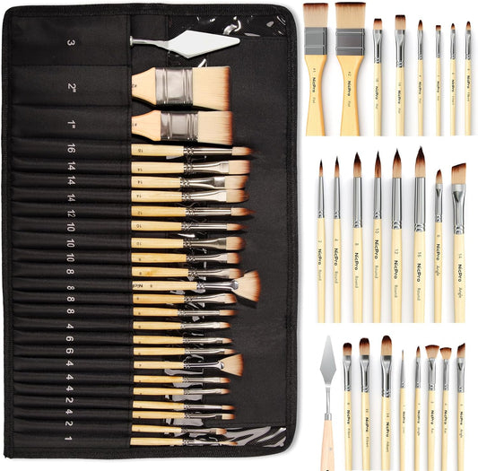 Nicpro 26Pcs Paint Brush Set, Professional Paintbrushes with Cloth Roll, Artist Paint Brushes for Acrylic Painting, Oil, Watercolour, Gouache, Adults Kids Art Painting Tools Supplies