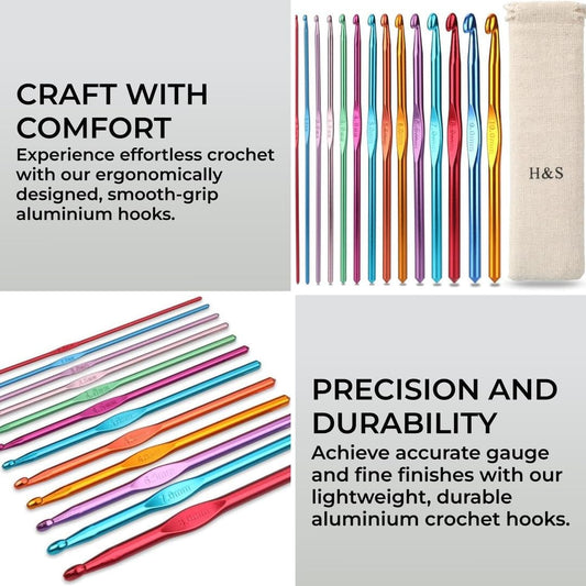 H&S Crochet Hooks Set & Needles Aluminium with Pouch Case for Beginners - 14Pcs (2Mm to 10Mm Crochet Hook)