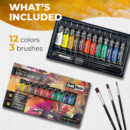 Craft Mode Acrylic Paint Set 12 12Ml Perfect for Canvas, Wood, Ceramic, Rock, Fabric & Crafts. Non-Toxic, Quick Dry & Vibrant Colours. Rich Pigments, Lasting Qualit