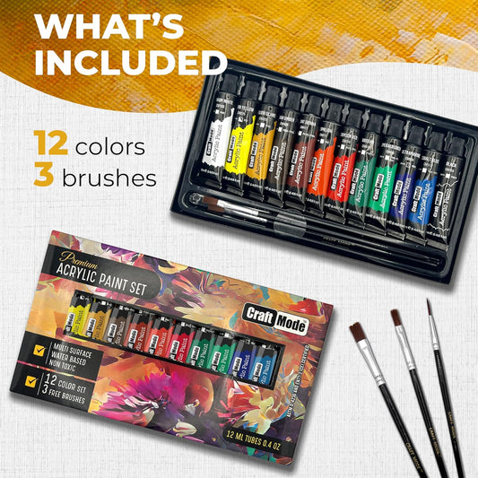 Craft Mode Acrylic Paint Set 12 12Ml Perfect for Canvas, Wood, Ceramic, Rock, Fabric & Crafts. Non-Toxic, Quick Dry & Vibrant Colours. Rich Pigments, Lasting Qualit