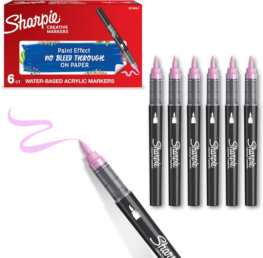 Sharpie Creative Marker Acrylic Paint Pens | Brush Tip Water-Based Paint Markers | Rose Pink | No-Bleed Ink Writes on Most Surfaces | School & Revision Supplies | 6 Count