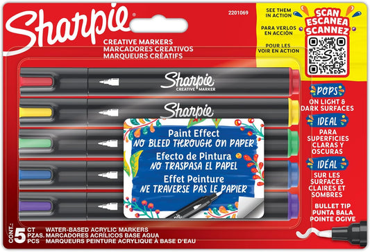 Sharpie Creative Marker Acrylic Paint Pens | Water-Based Paint Markers | No-Bleed Ink Writes on Most Surfaces | Bullet Tip | School & Revision Supplies | Assorted Colours | 5 Count