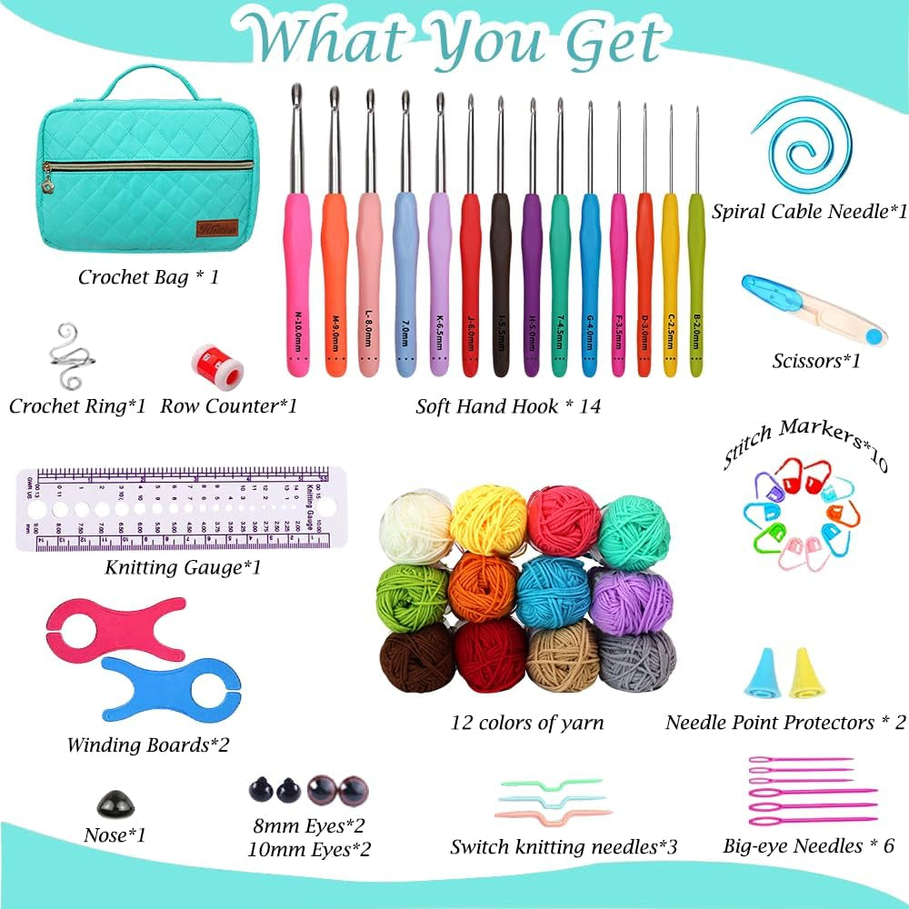 Knitiss Crochet Kits for Beginners Adults, All-Inclusive Crochet Kit for Adults with 14 Size Ergonomic Crochet Hooks,12 Crochet Yarns Balls & Crochet Bag