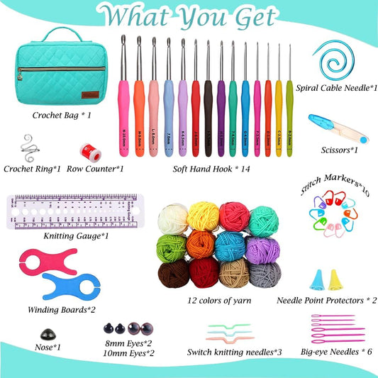 Knitiss Crochet Kits for Beginners Adults, All-Inclusive Crochet Kit for Adults with 14 Size Ergonomic Crochet Hooks,12 Crochet Yarns Balls & Crochet Bag