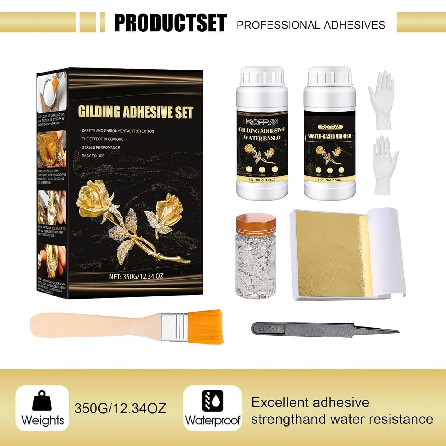 ROFPM Gold Leaf Adhesive Set, Water-Based Gilding Adhesive, 100Ml, 100 Gold Foil Transfer Sheets, 2G Silver Leaf, Craft, Home Decor, Art