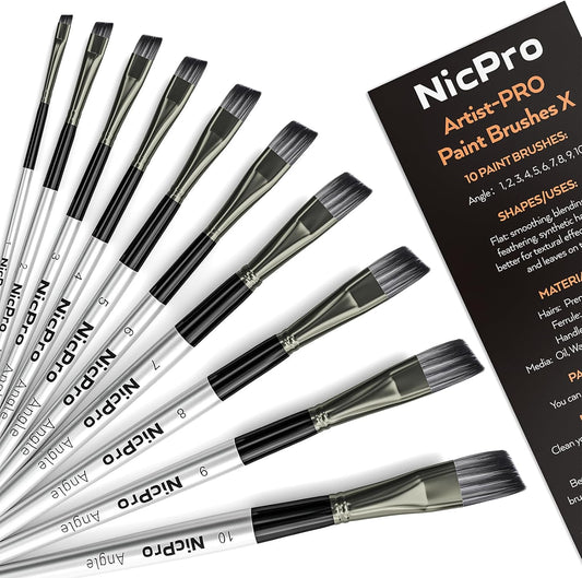 Nicpro 10 PCS Angular Paint Brush Set, Soft Anti-Shedding Nylon Hair Long Handle Angled Paint Brushes, Suitable for Artists and Beginners for Watercolour, Acrylics, Ink, Gouache, Oil, Tempera