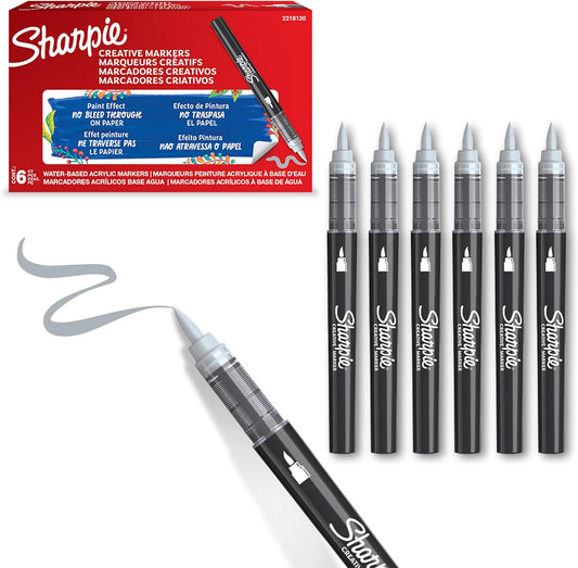 Sharpie Creative Marker Acrylic Paint Pens | Brush Tip Water-Based Paint Markers | Cool Grey | No-Bleed Ink Writes on Most Surfaces | School & Revision Supplies | 6 Count