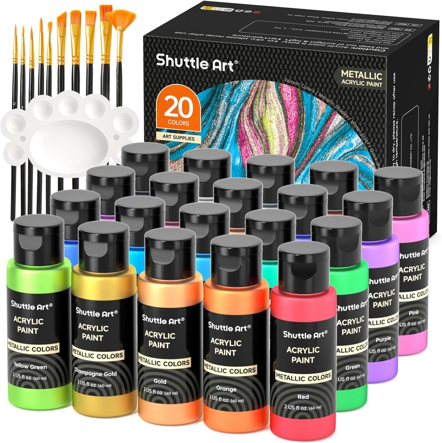 Shuttle Art 20-Colour Metallic Acrylic Paint Set + Brushes & Palette