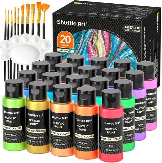 Shuttle Art 20-Colour Metallic Acrylic Paint Set + Brushes & Palette