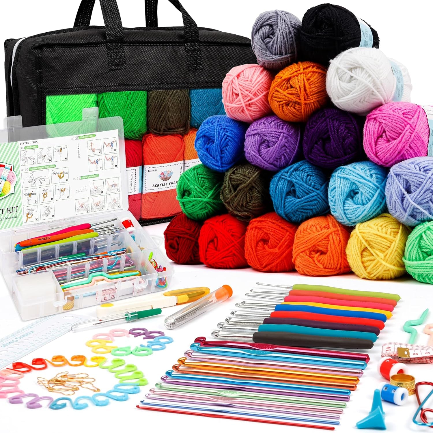 INSCRAFT 20-Color Crochet Yarn Kit – Complete Set for Beginners & Experts