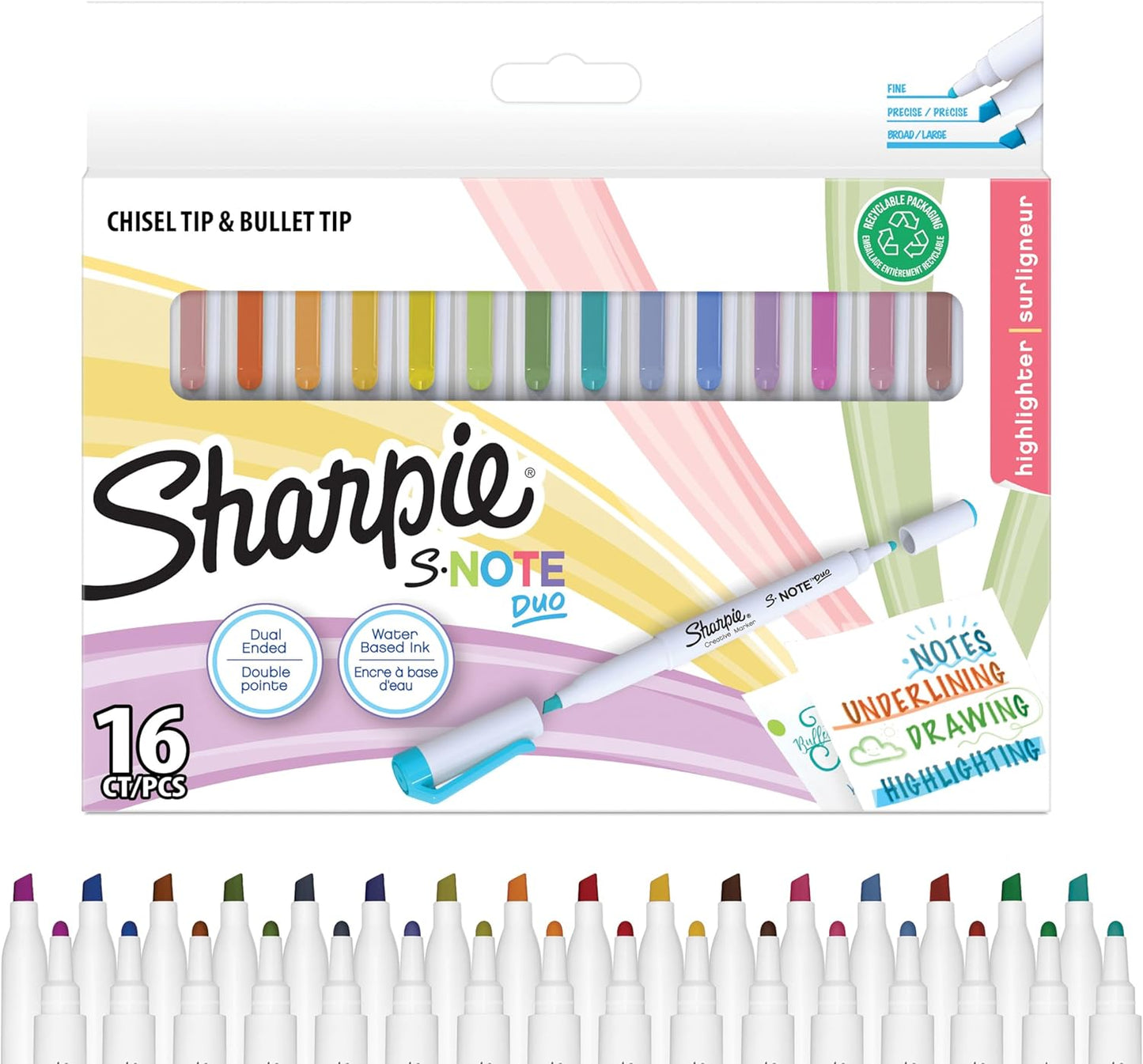 Sharpie S-Note Highlighter Pens | Part Art Marker Pen, Part Highlighter to Draw, Write & More | Assorted Pastel Colours | Chisel Tip | 12 Count