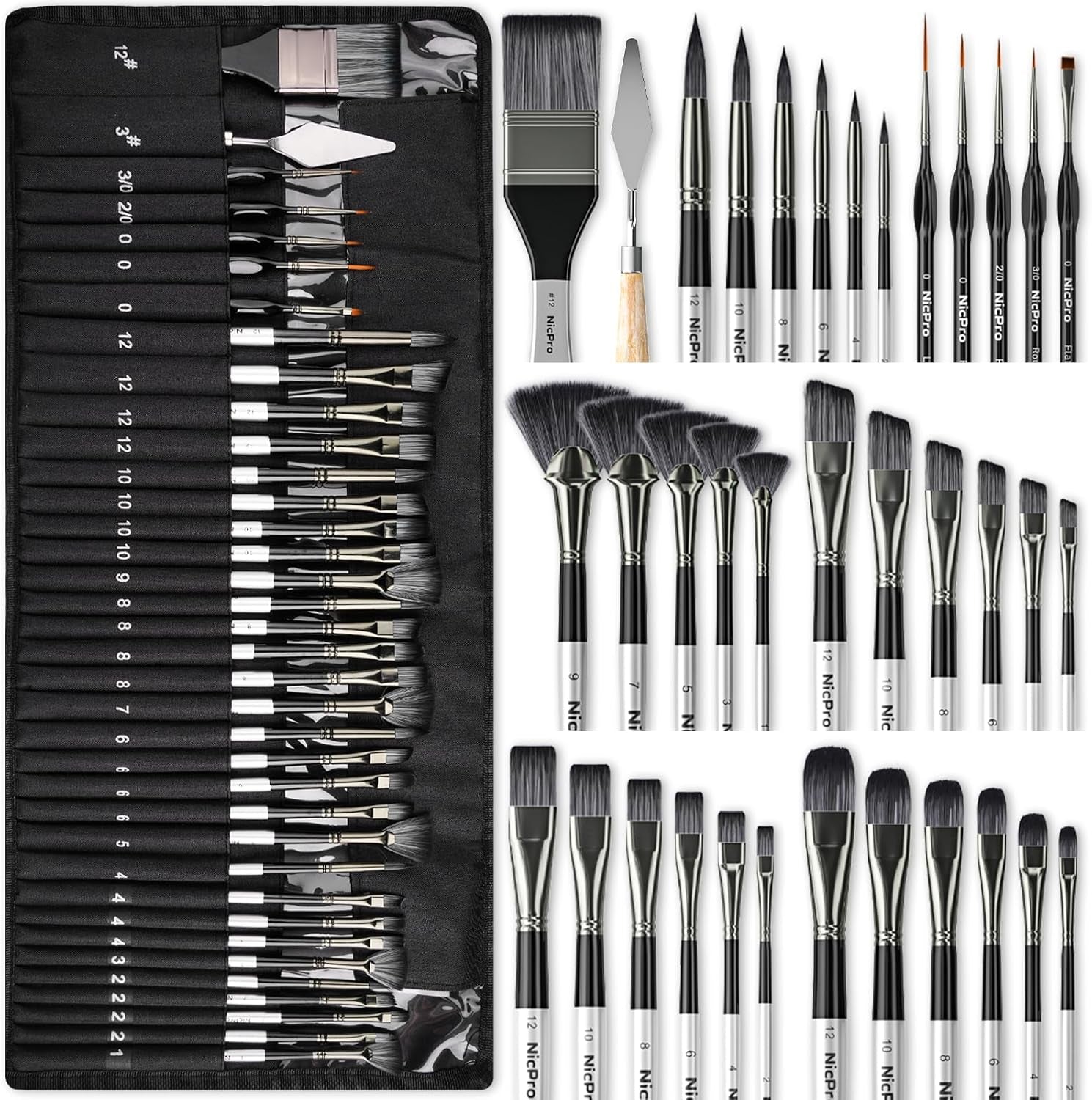 Nicpro 36Pcs Paint Brush Set, Professional Paintbrushes with Cloth Roll, Suitable for Artists and Beginners for Acrylic Painting, Oil, Watercolour, Gouache