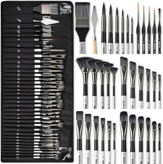 Nicpro 36Pcs Paint Brush Set, Professional Paintbrushes with Cloth Roll, Suitable for Artists and Beginners for Acrylic Painting, Oil, Watercolour, Gouache