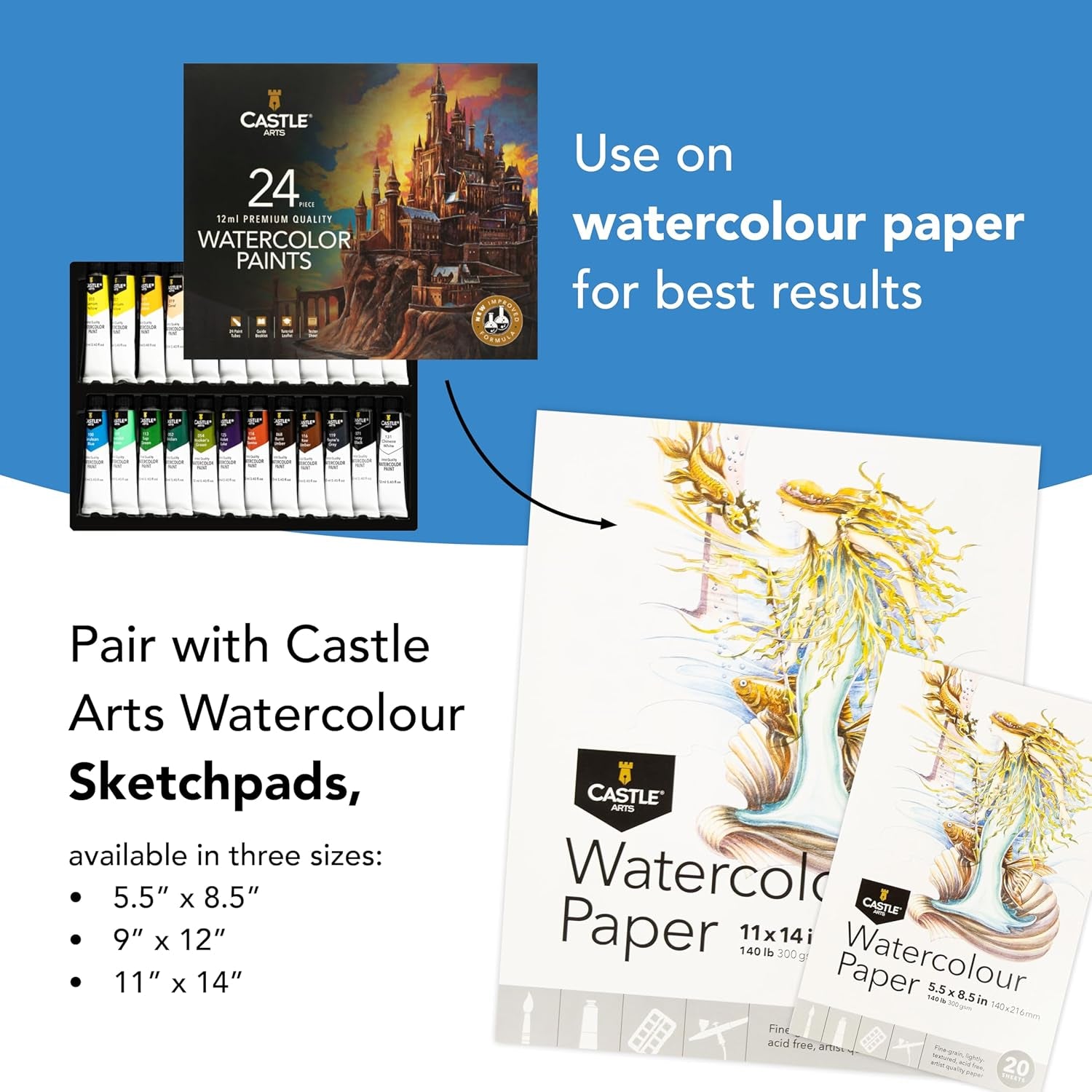 Castle Art Supplies 24 X 12Ml Watercolour Paint Tube Set | New Improved Formula | Value for Adult Artists | Quality, Intense Colours | Just Squeeze the Tube, Mix with Water (New Improved Formula)